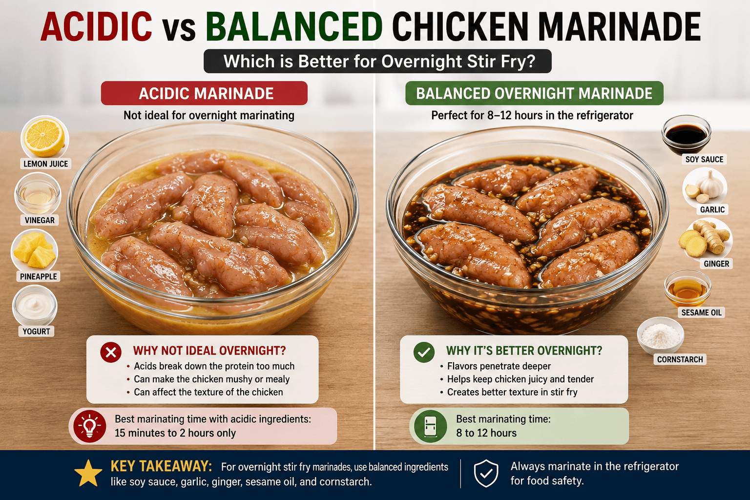 Comparison of acidic chicken marinade and balanced overnight stir fry marinade