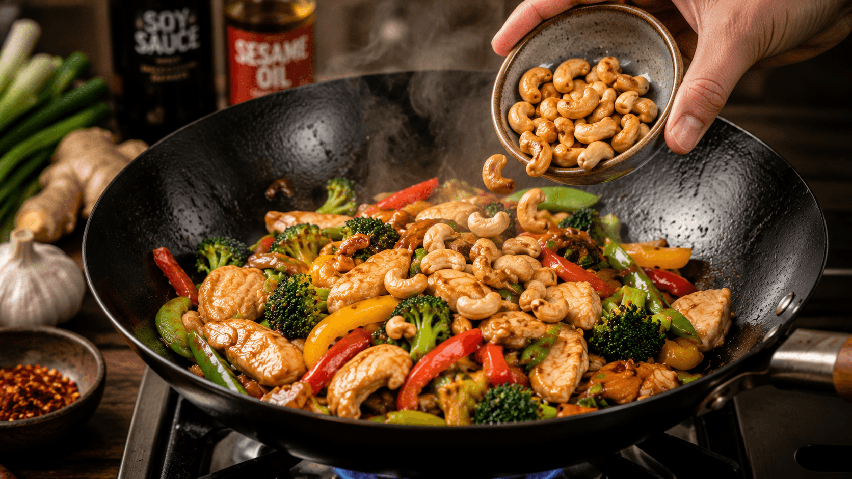 Adding toasted nuts during the final minutes of stir fry cooking