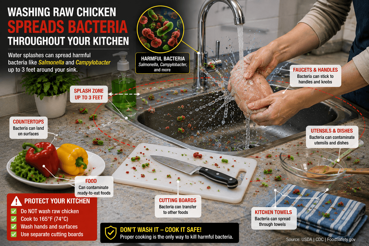 Illustration showing bacteria spreading around a kitchen sink while washing raw chicken
