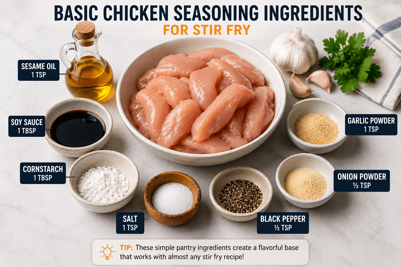 Simple pantry ingredients used to season chicken for stir fry including garlic powder soy sauce pepper and sesame oil