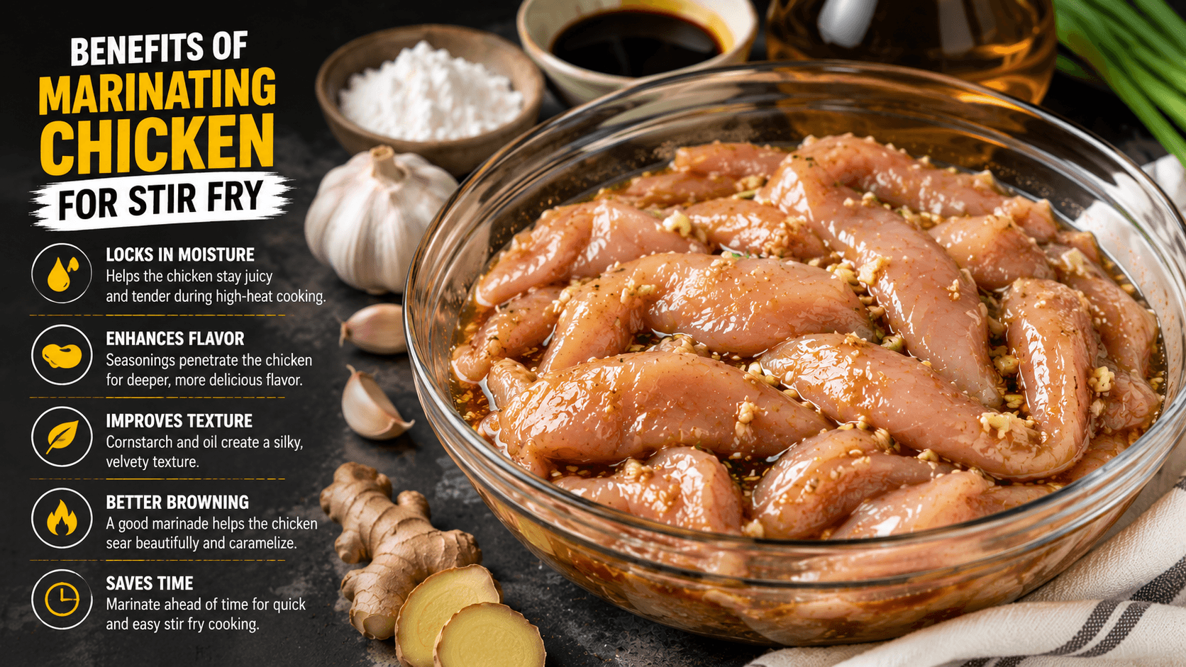 Fresh sliced chicken marinating in soy sauce garlic ginger and cornstarch before stir fry cooking