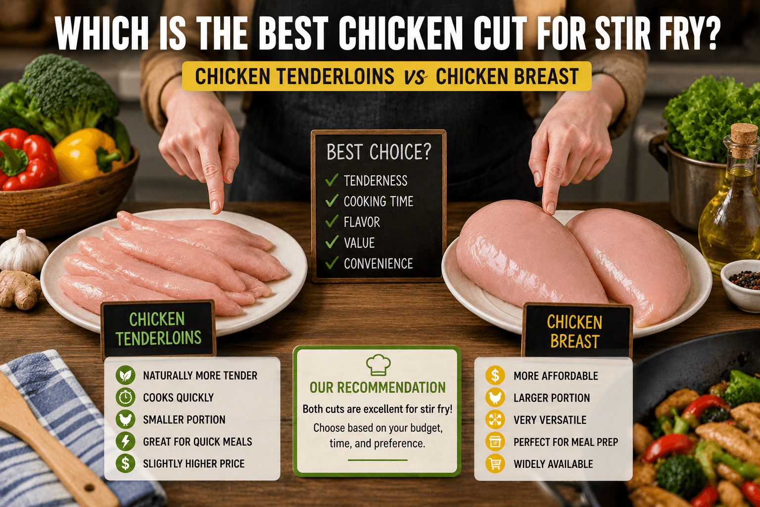 Cook choosing between chicken tenderloins and chicken breast before making stir fry