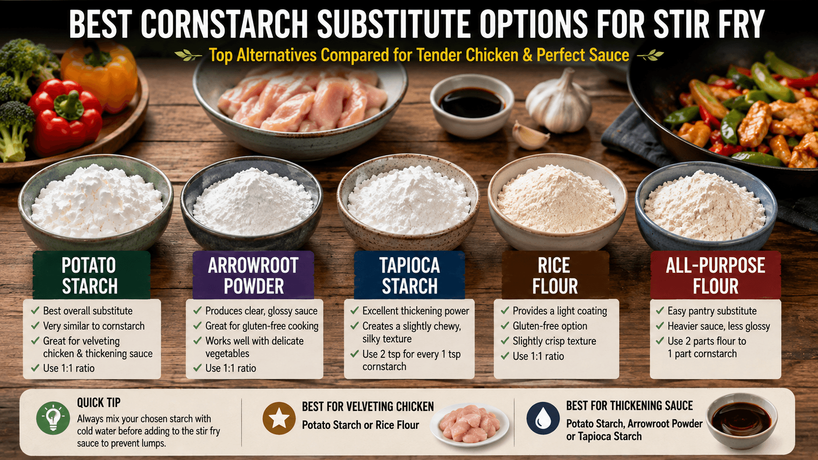 Potato starch arrowroot powder tapioca starch and flour compared as cornstarch substitute stir fry ingredients