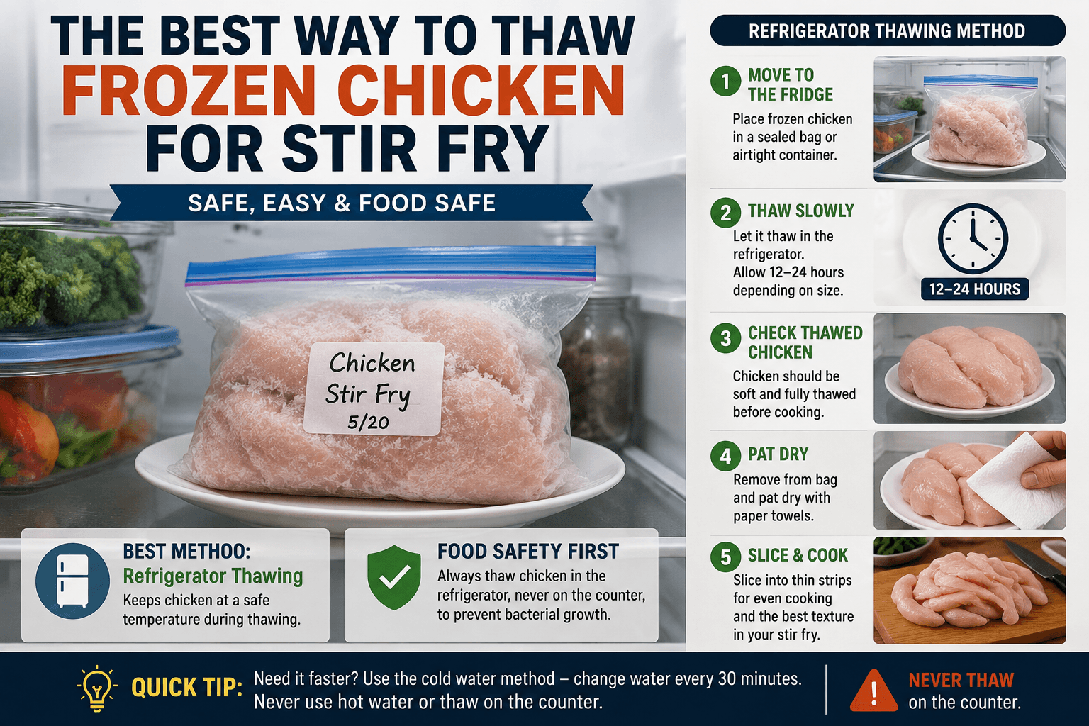 Safely thawing frozen chicken for stir fry in the refrigerator before slicing