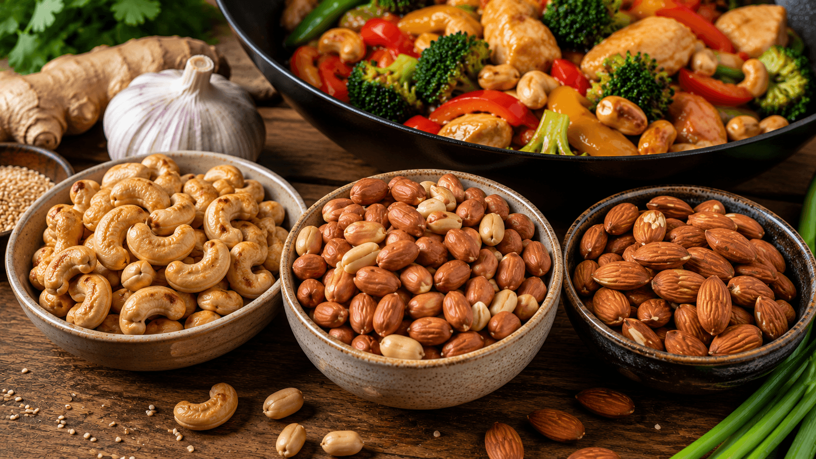Cashews peanuts and almonds used in healthy stir fry recipes