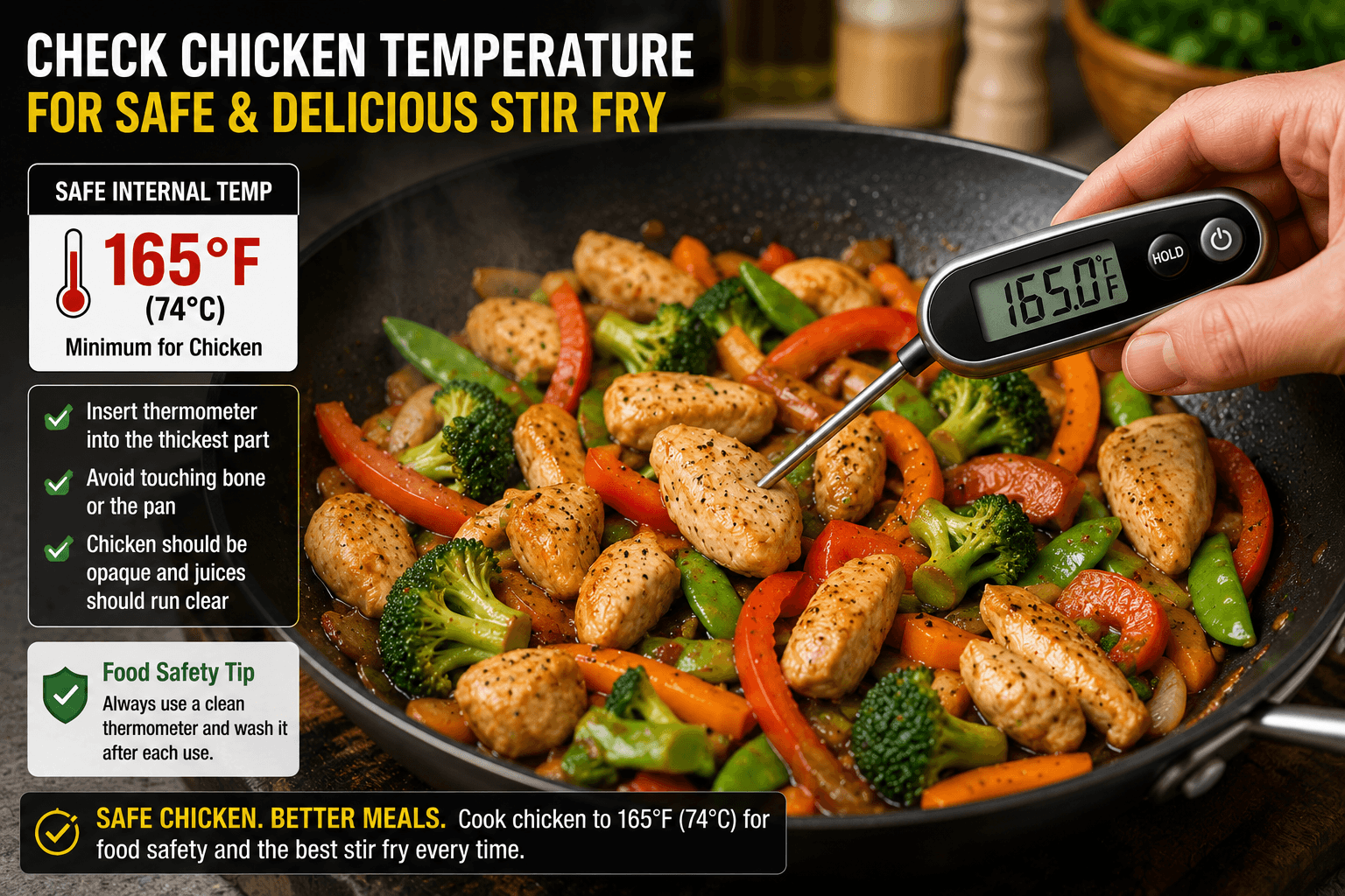 Using an instant-read thermometer to check chicken stir fry temperature