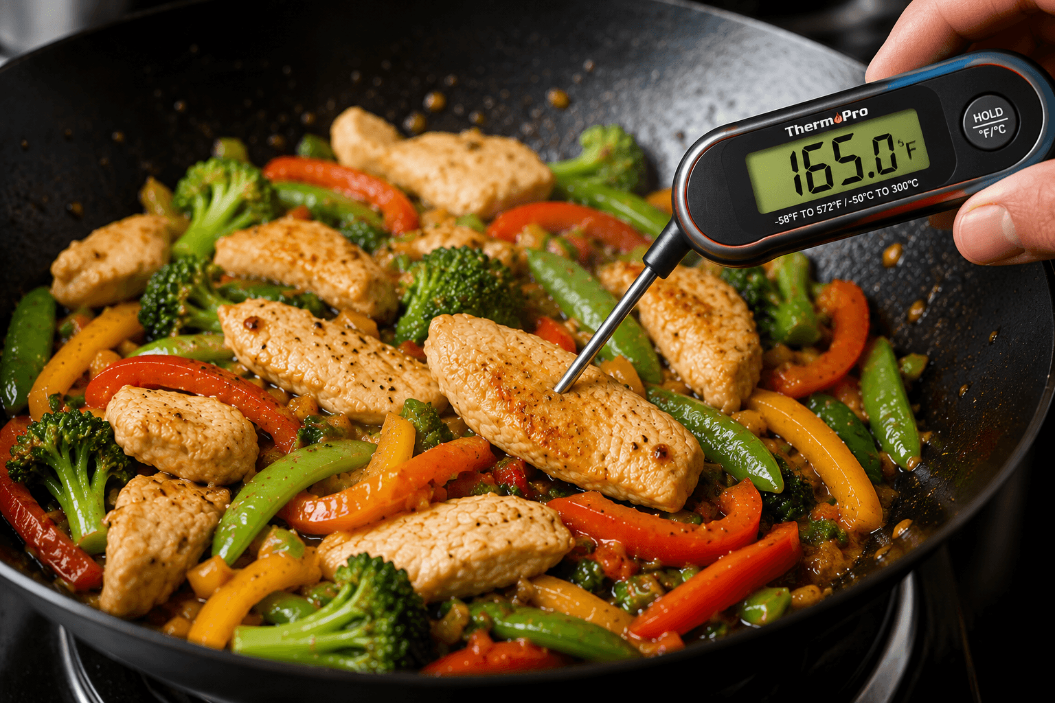 Checking chicken stir fry with a meat thermometer showing 165 degrees Fahrenheit