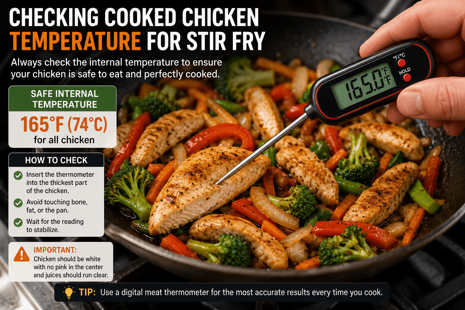 Checking the internal temperature of stir fry chicken with a digital meat thermometer