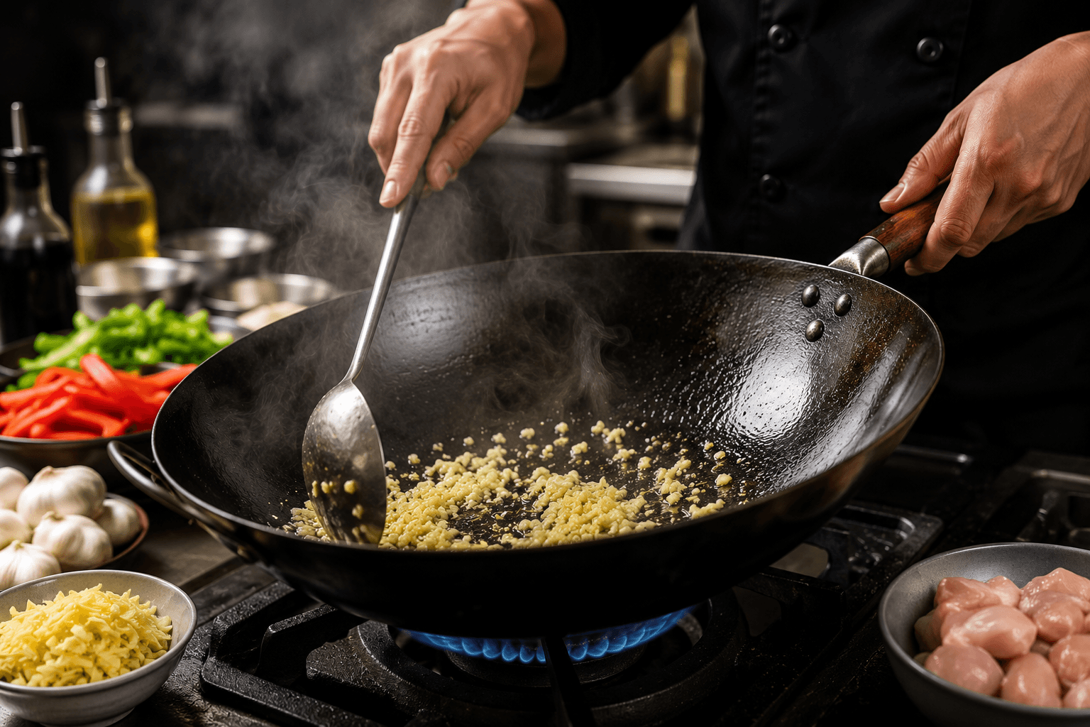 Chef cooking fresh ginger and garlic in a hot wok before adding chicken