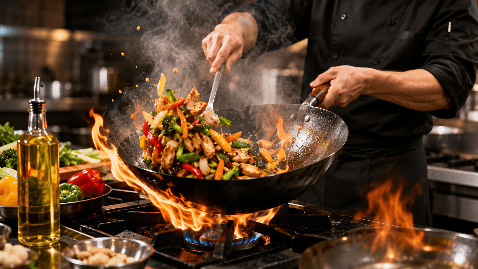 Professional chef cooking stir fry in a wok using high smoke point cooking oil