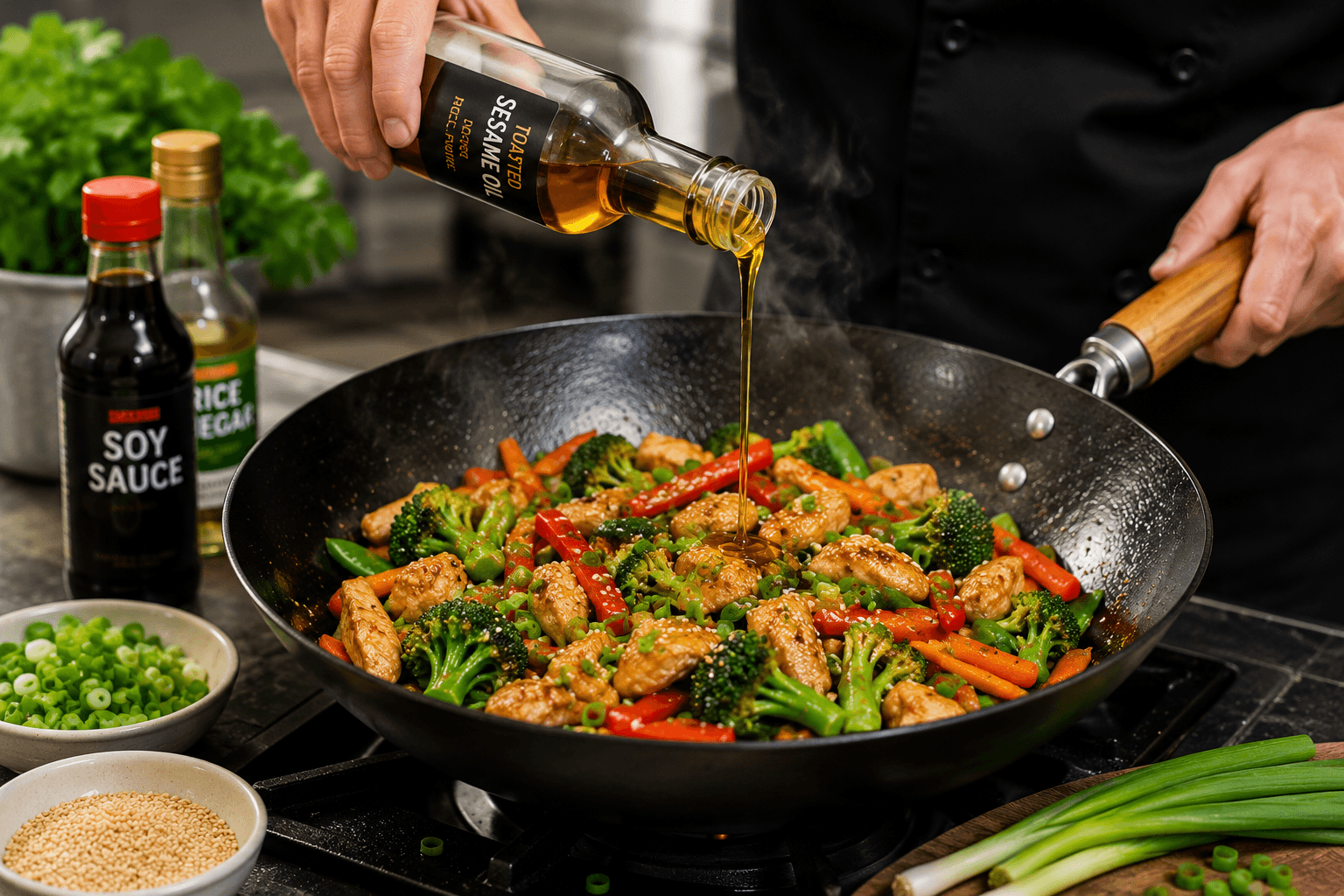 Chef finishing stir fry with toasted sesame oil and green onions