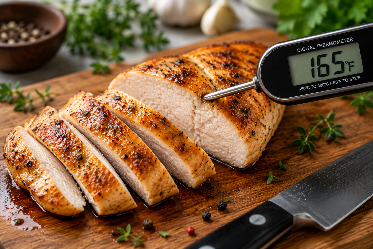 Instant-read thermometer showing 165 degrees Fahrenheit inside cooked chicken breast