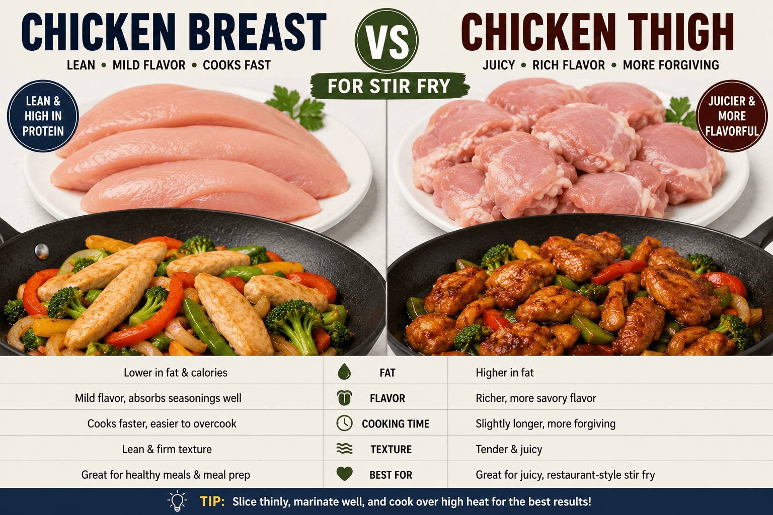 Chicken breast and chicken thigh side by side comparison for stir fry cooking