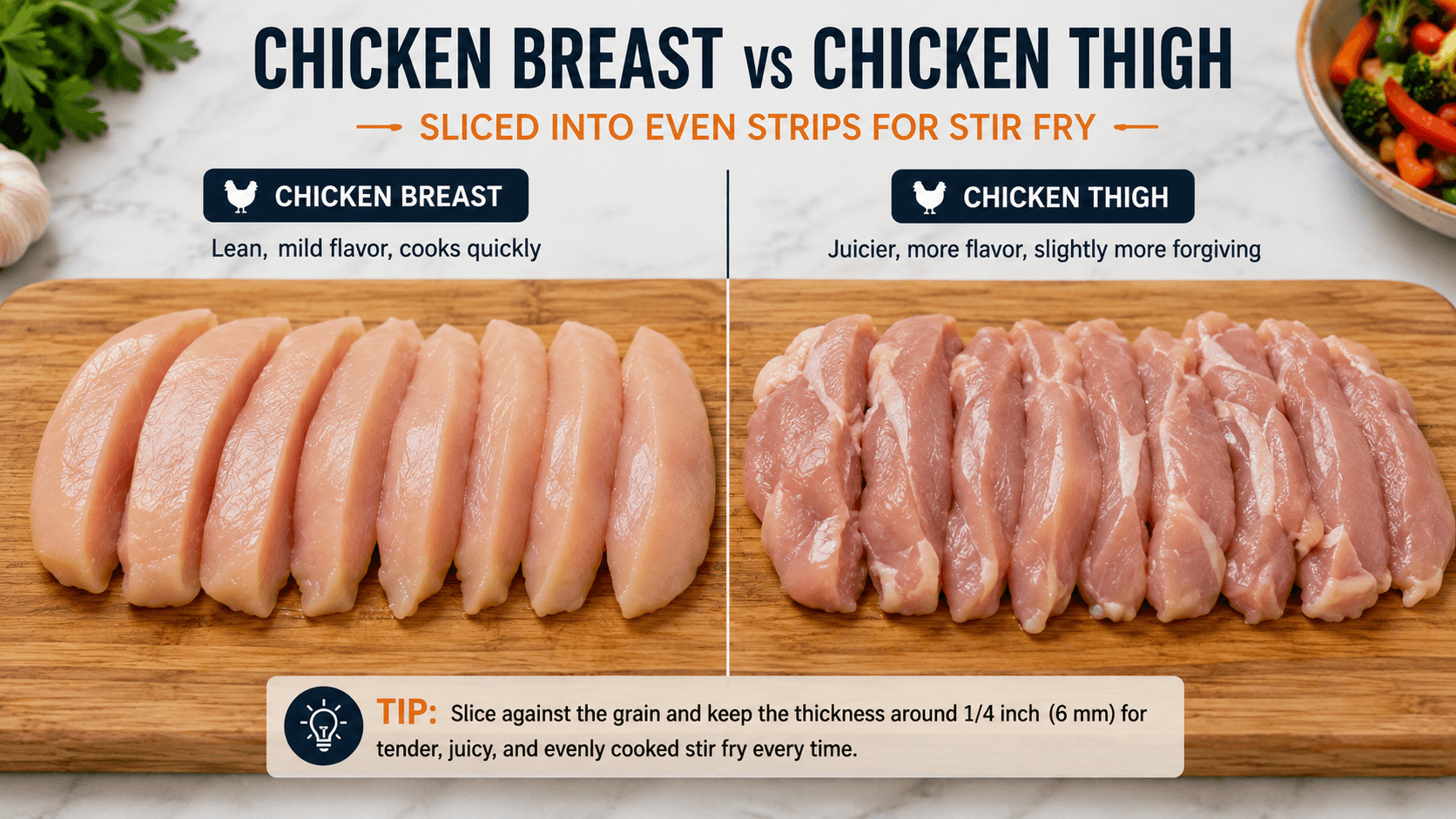 Chicken breast and chicken thigh sliced into even strips for stir fry cooking