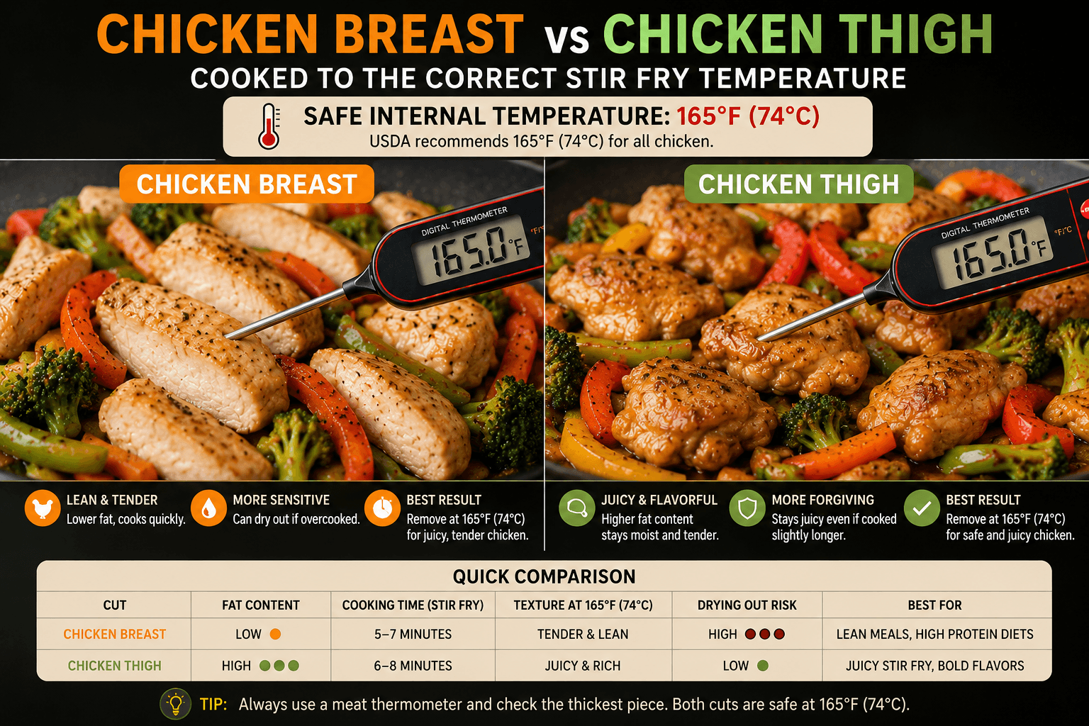 Comparison of chicken breast and chicken thigh cooked to the correct chicken stir fry temperature