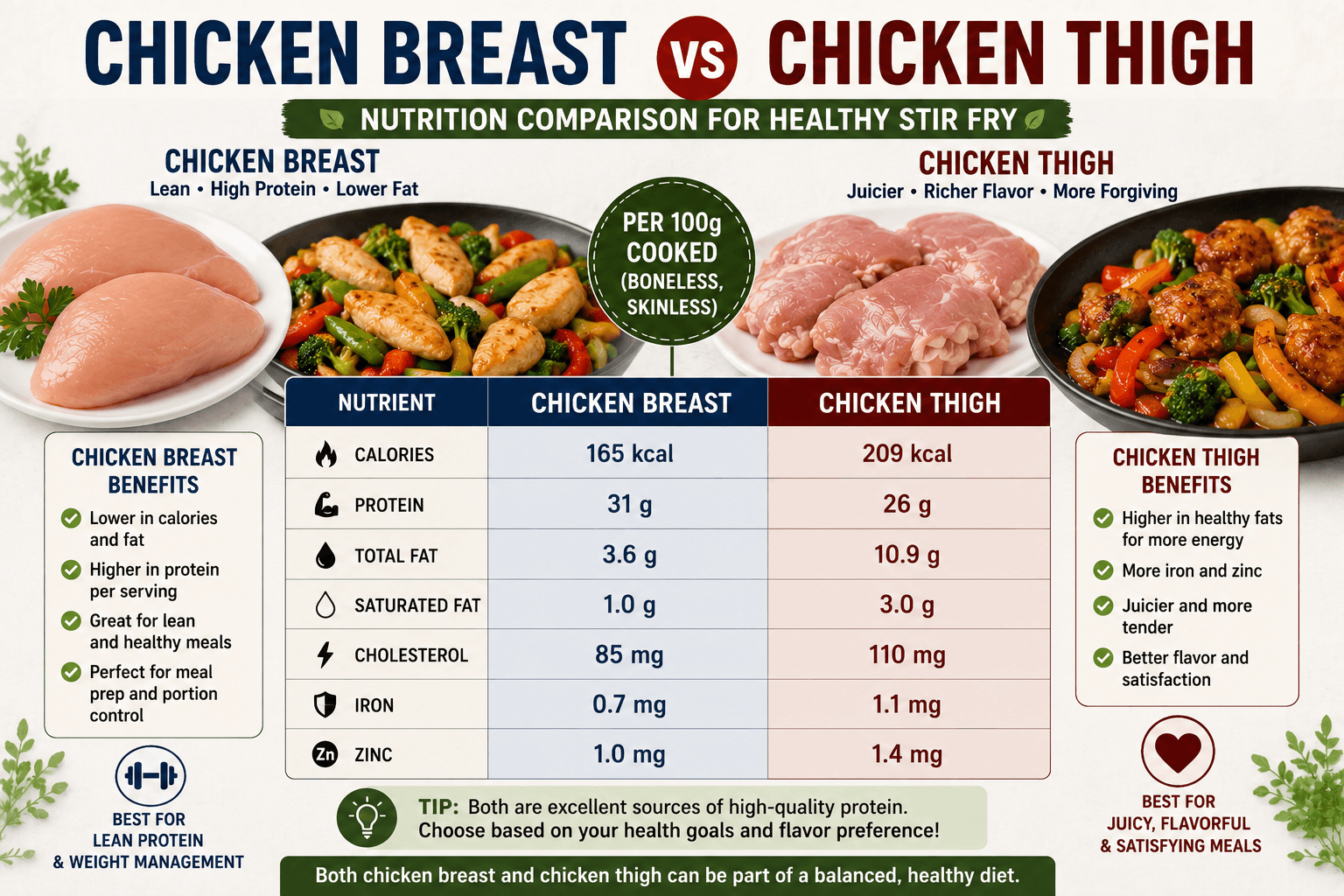 Nutrition comparison between chicken breast and chicken thigh for healthy stir fry