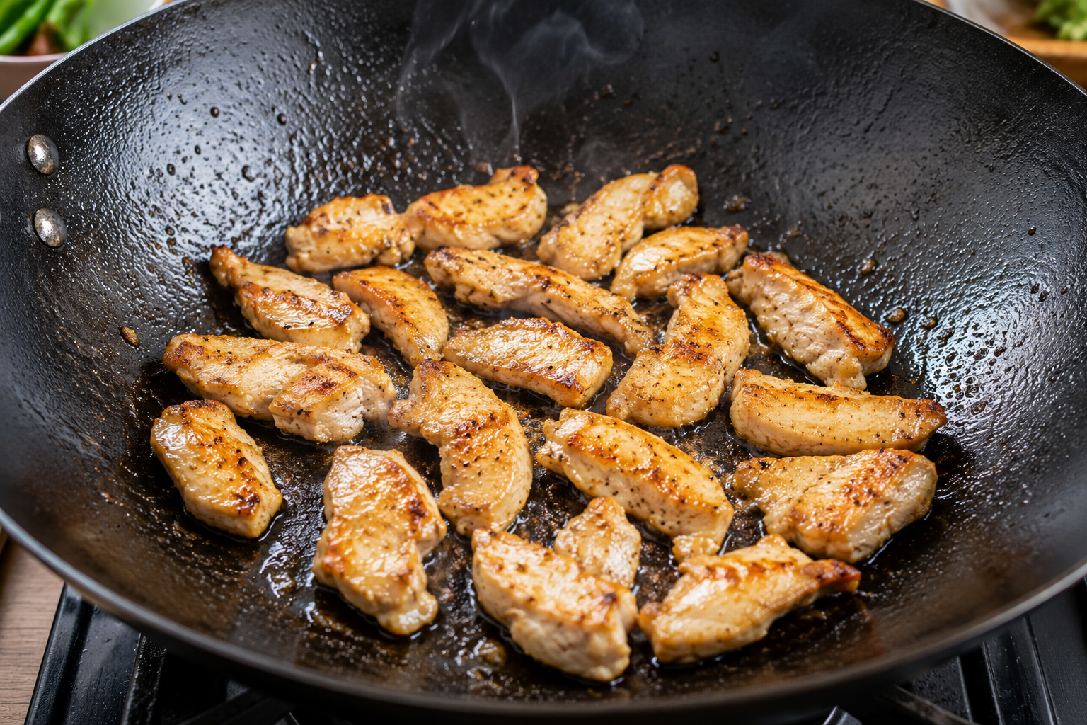 Chicken breast cooking in a single layer inside a hot wok with visible searing for juicy stir fry