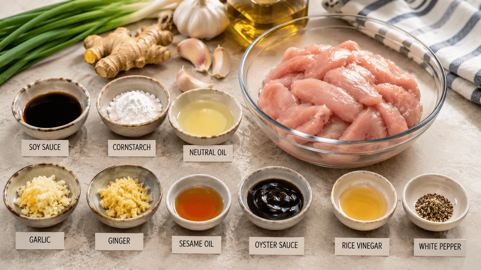 Essential chicken marinade ingredients arranged neatly before preparing stir fry