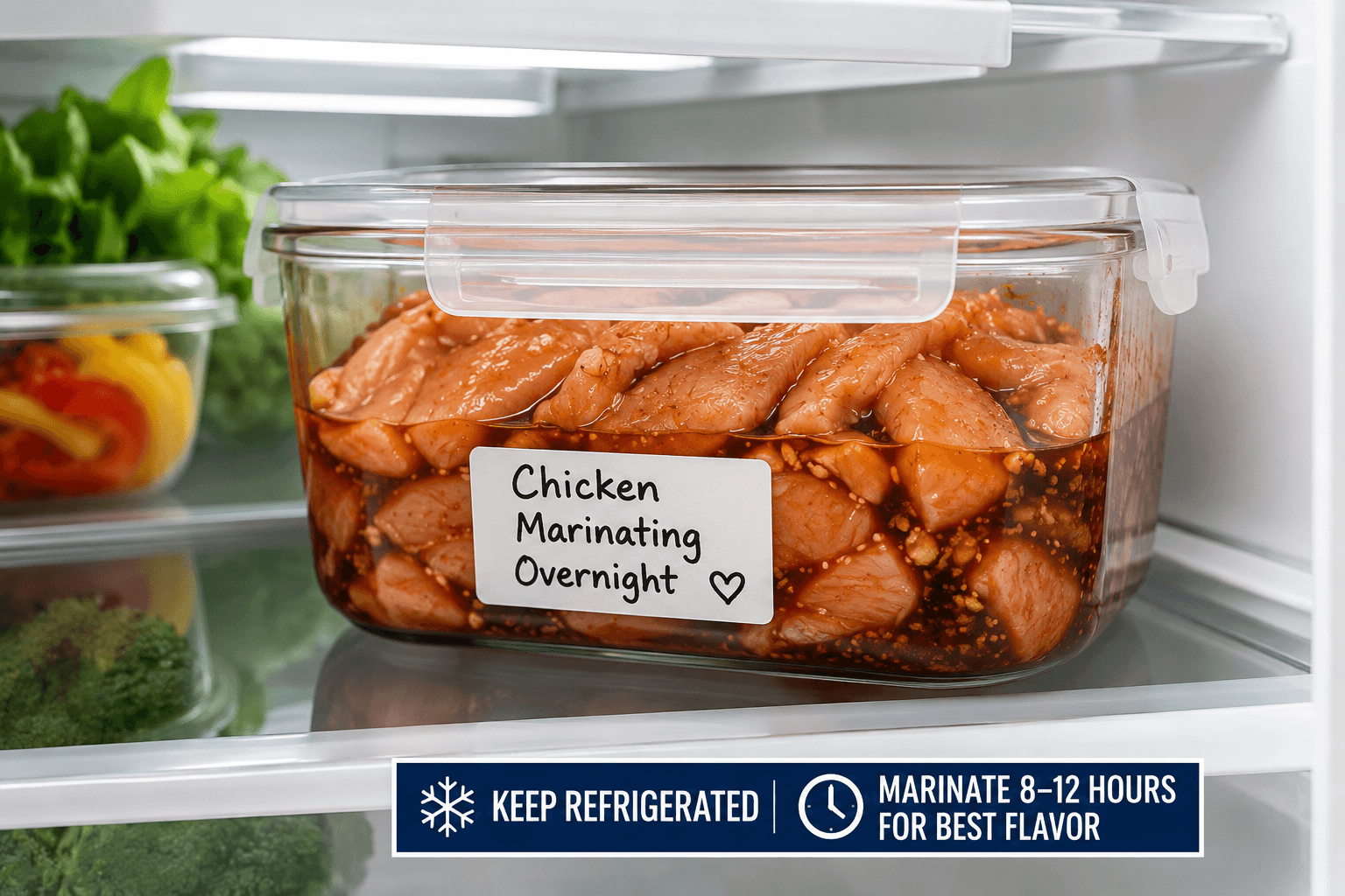 Chicken marinating overnight in a sealed container before cooking stir fry