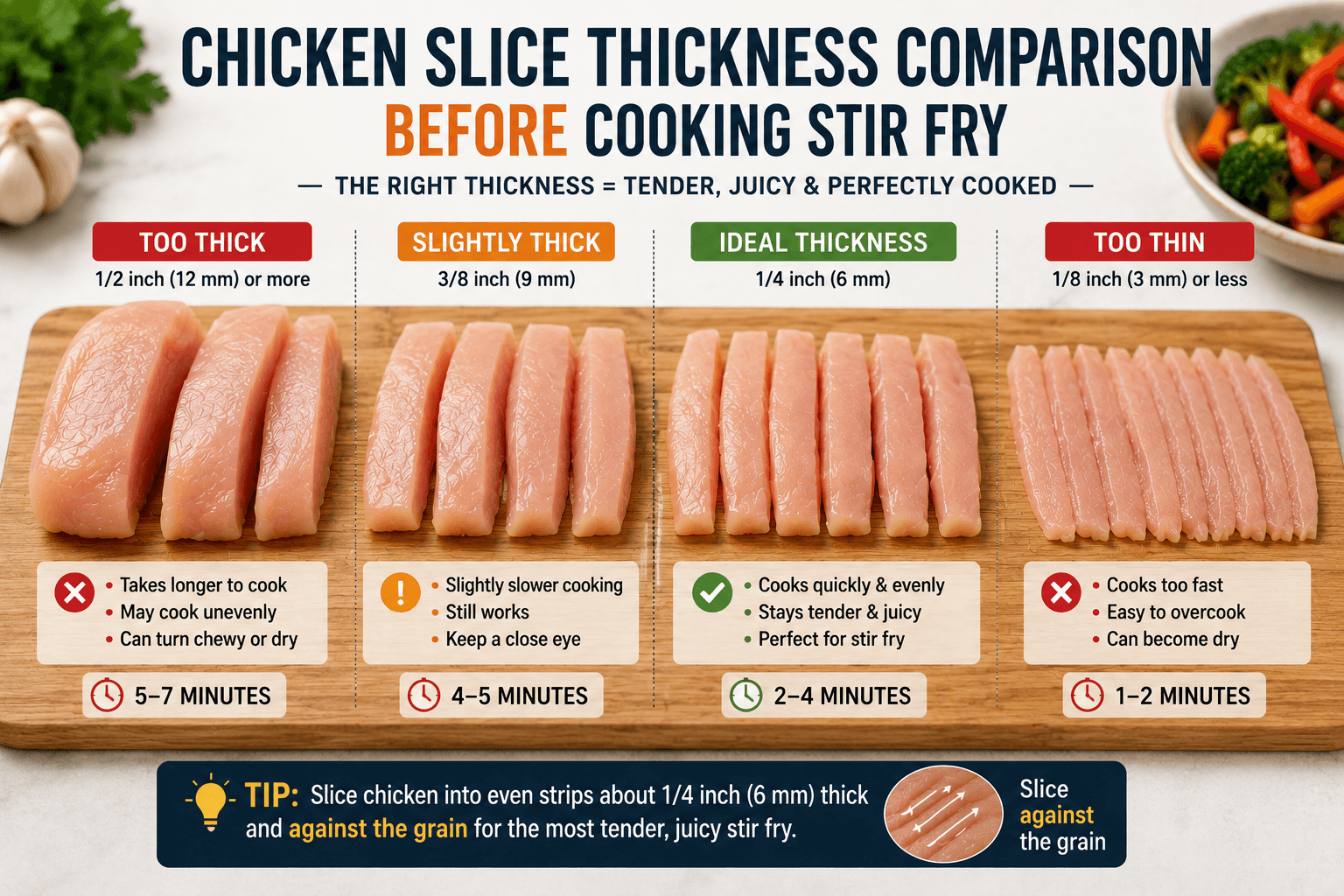 Different chicken slice thicknesses prepared before cooking a stir fry