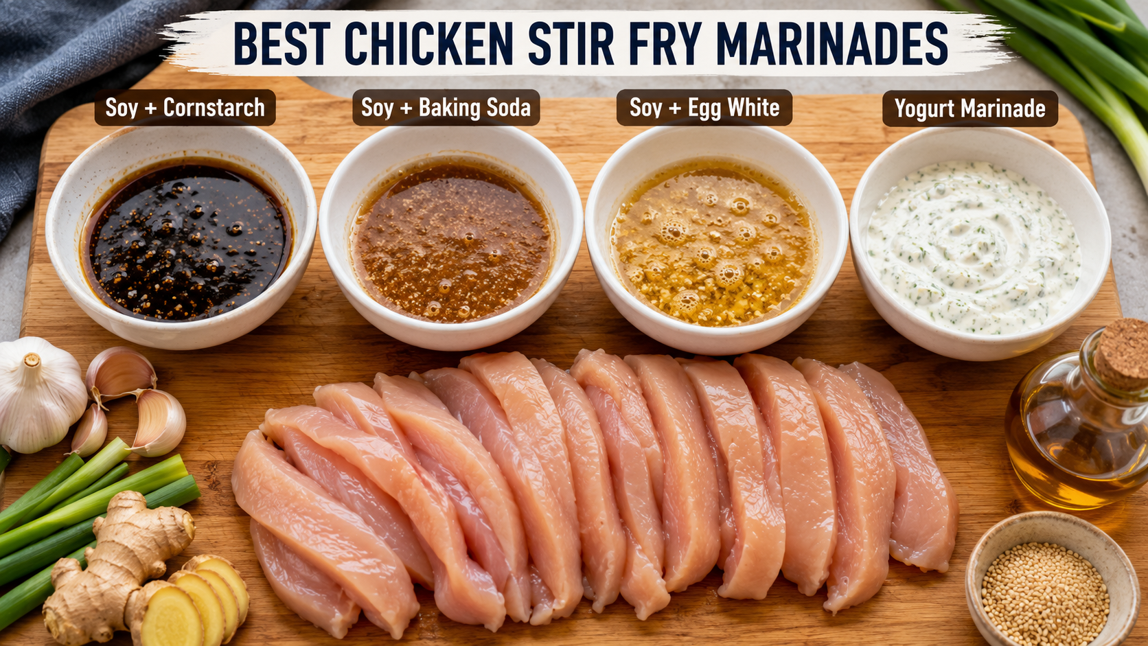 Four chicken marinades beside sliced chicken breast for juicy stir fry