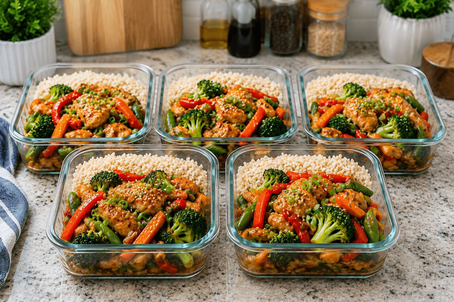 Freshly cooked chicken stir fry divided into meal prep containers for weekly lunches