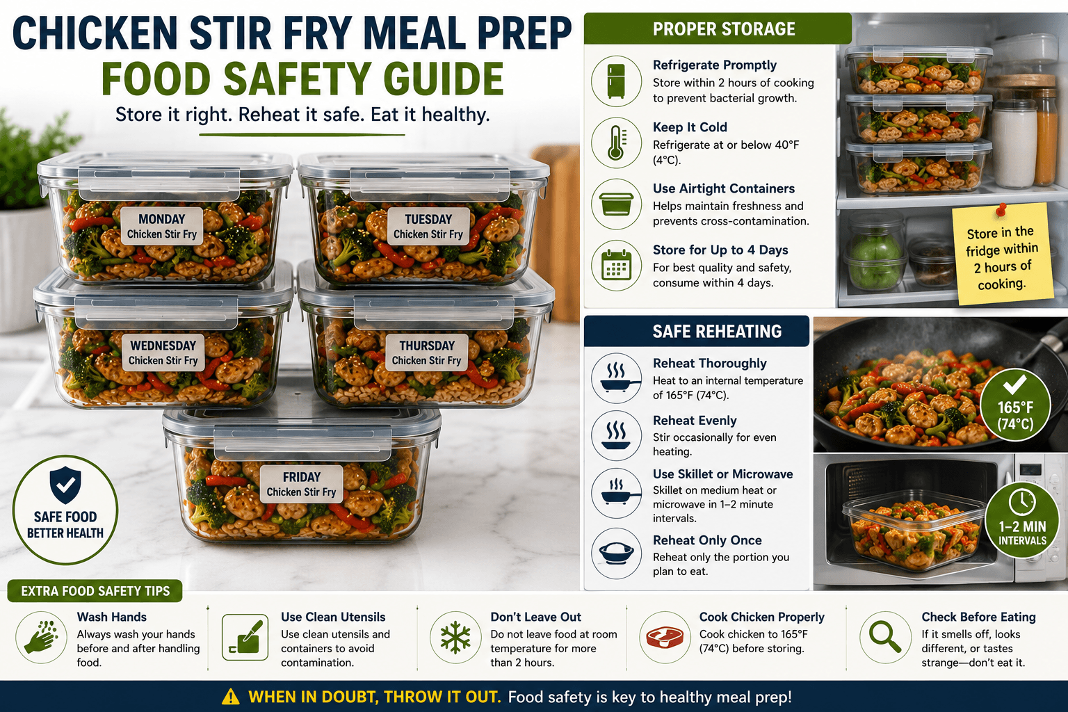 Properly stored chicken stir fry meal prep containers ready for safe reheating