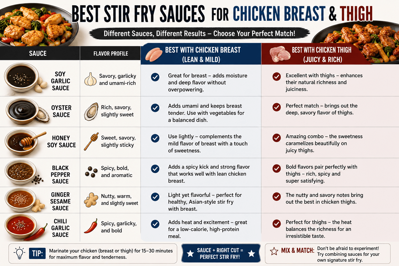 Different stir fry sauces paired with chicken breast and chicken thighs