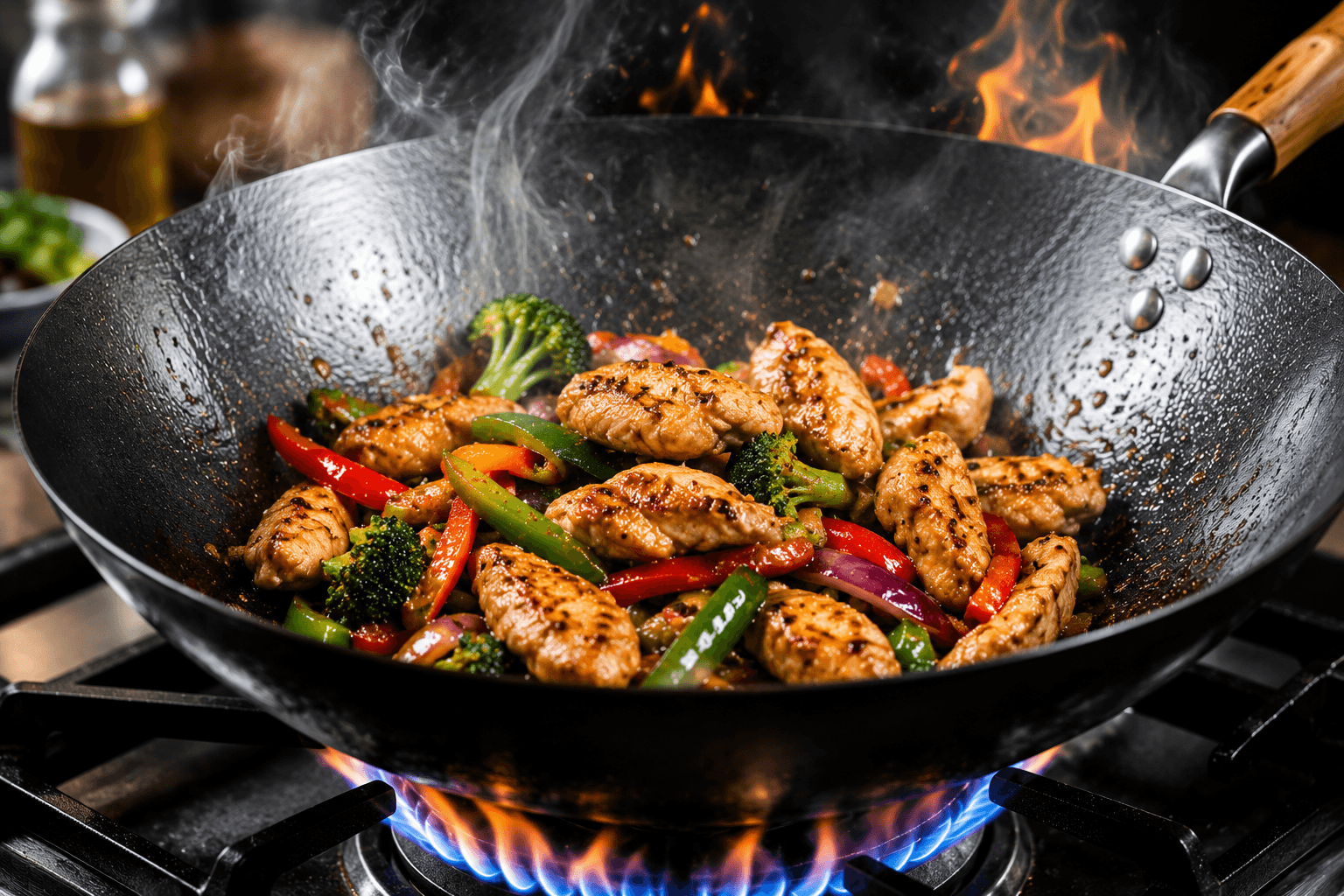 Chicken stir fry searing quickly inside a carbon steel wok over high heat