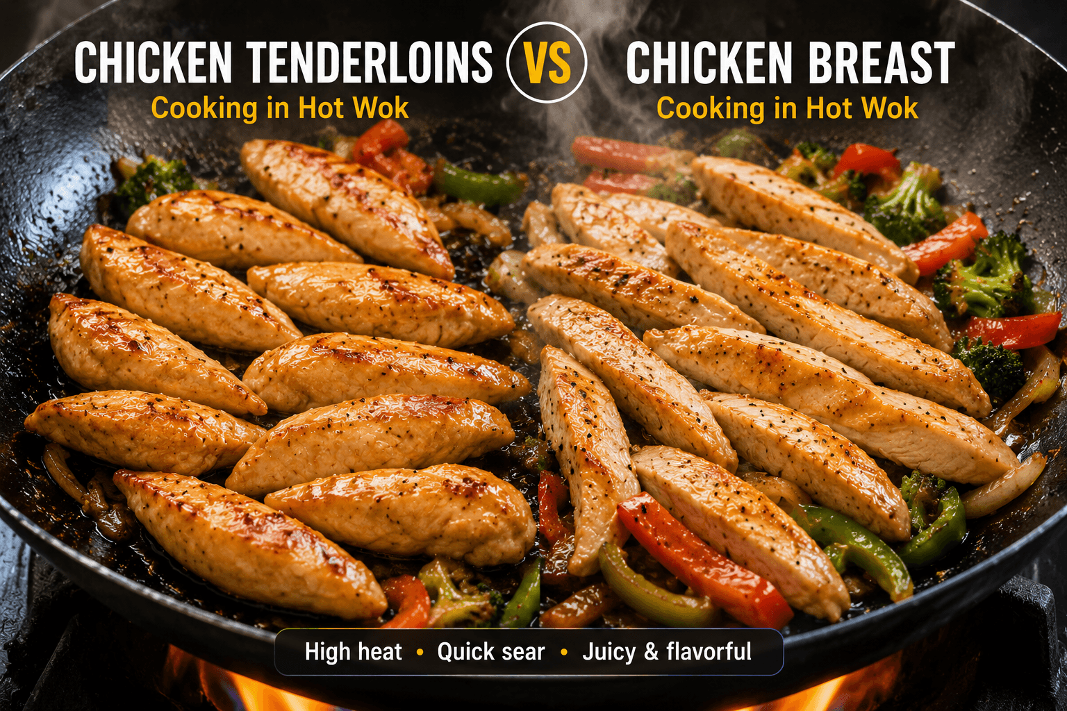 Chicken tenderloins and chicken breast strips searing in a hot wok for stir fry