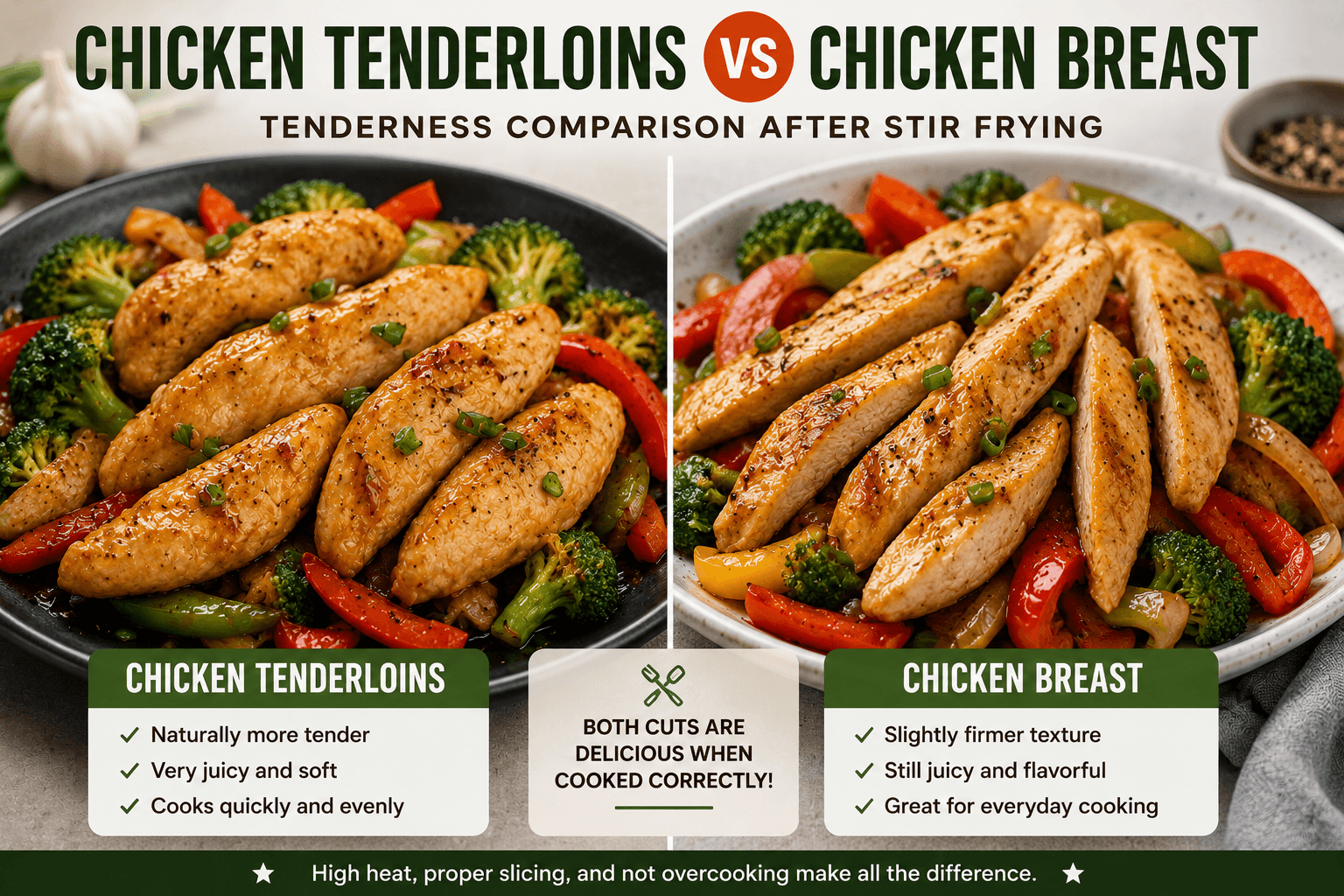 Comparison showing juicy chicken tenderloins and sliced chicken breast after stir frying