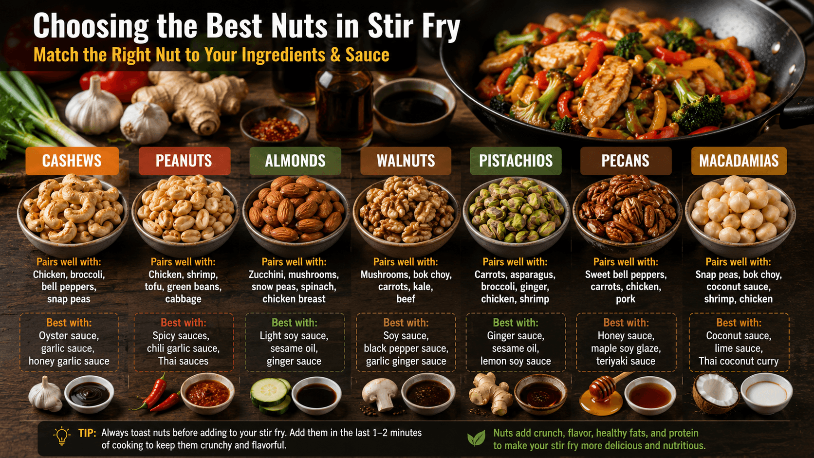 Choosing the best nuts in stir fry based on sauces and ingredients
