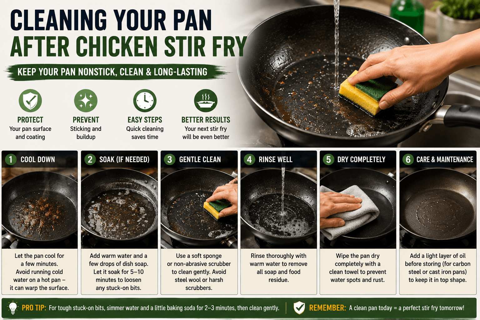Cleaning a stir fry pan after cooking chicken without damaging the surface