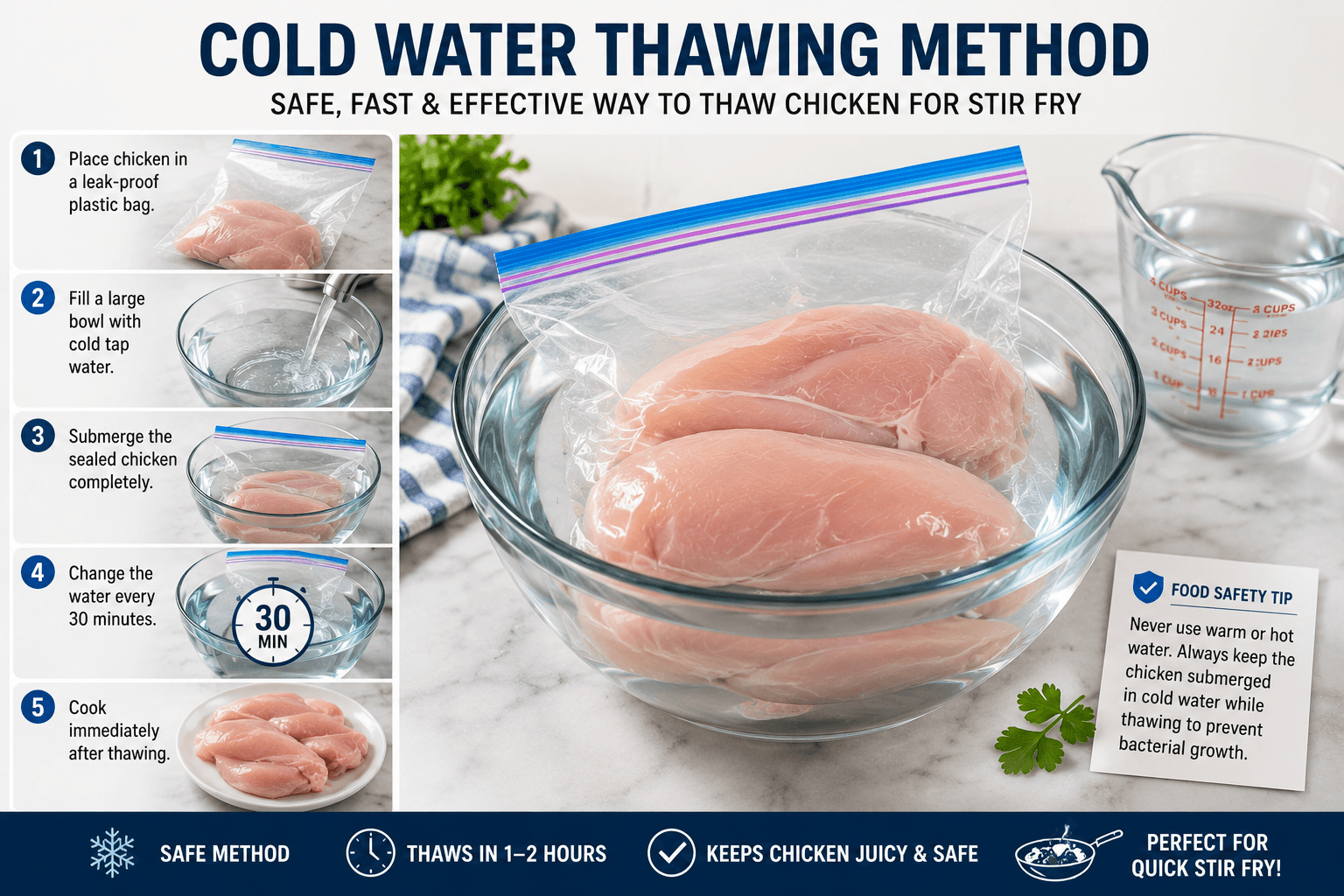 Cold water method used to thaw chicken for stir fry safely
