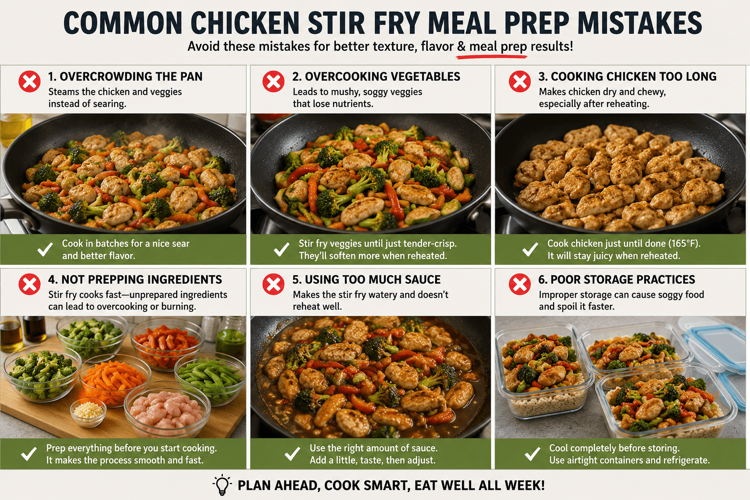 Examples of common chicken stir fry meal prep mistakes including overcrowded pan and overcooked vegetables