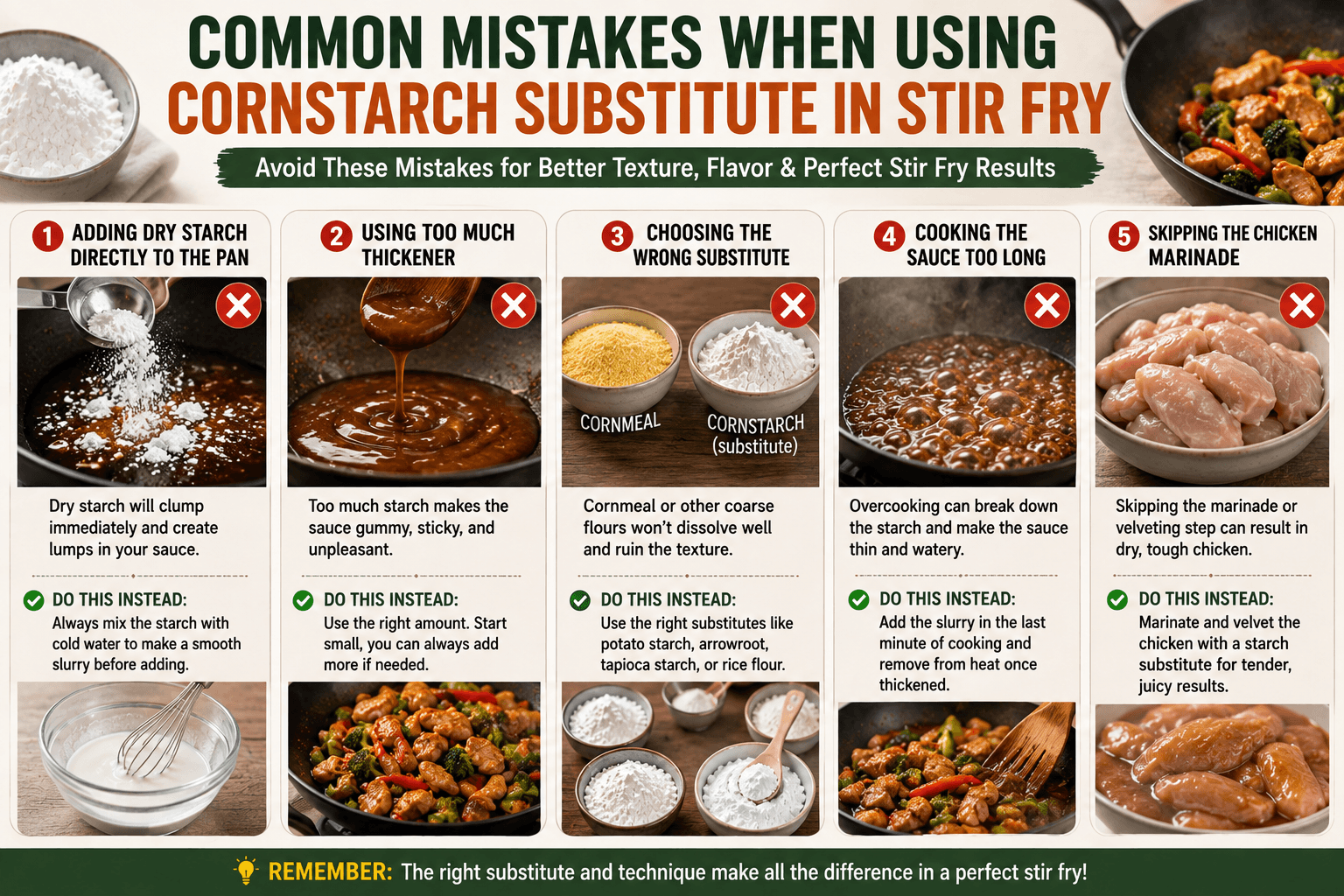 Common mistakes when using a cornstarch substitute stir fry including adding dry starch and using too much thickener