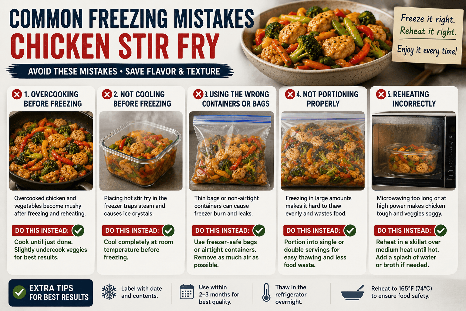 Common mistakes to avoid when freezing and reheating chicken stir fry