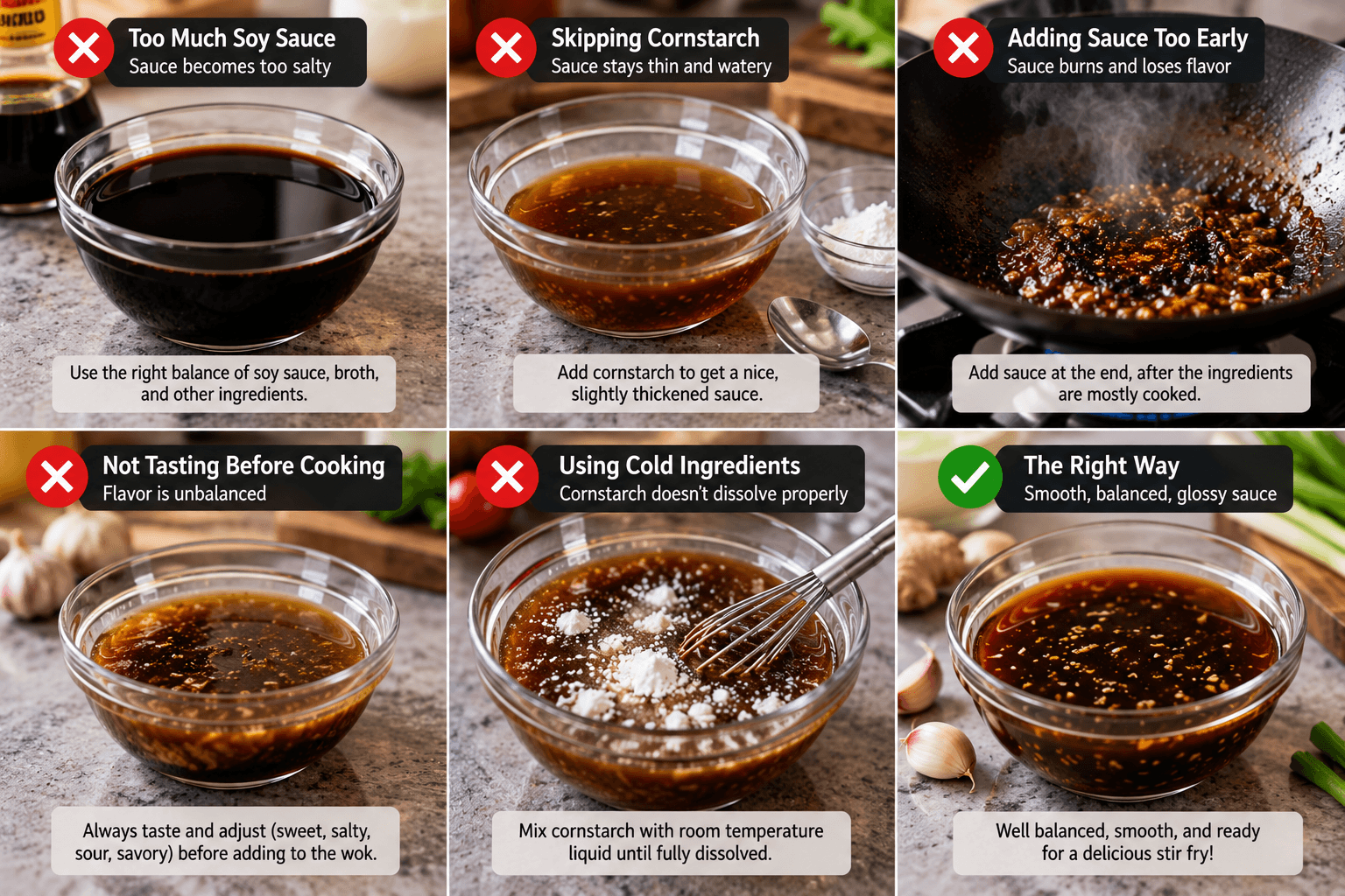 Examples of common mistakes when preparing homemade stir fry sauce