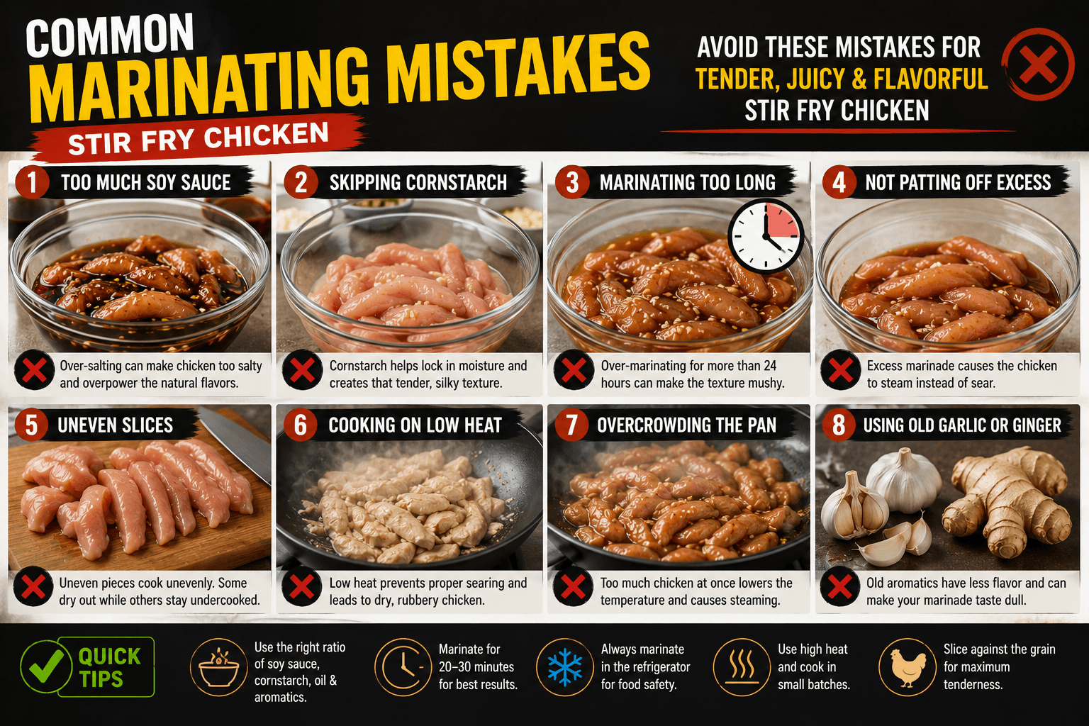 Common mistakes when marinating chicken for stir fry including too much marinade and uneven chicken slices
