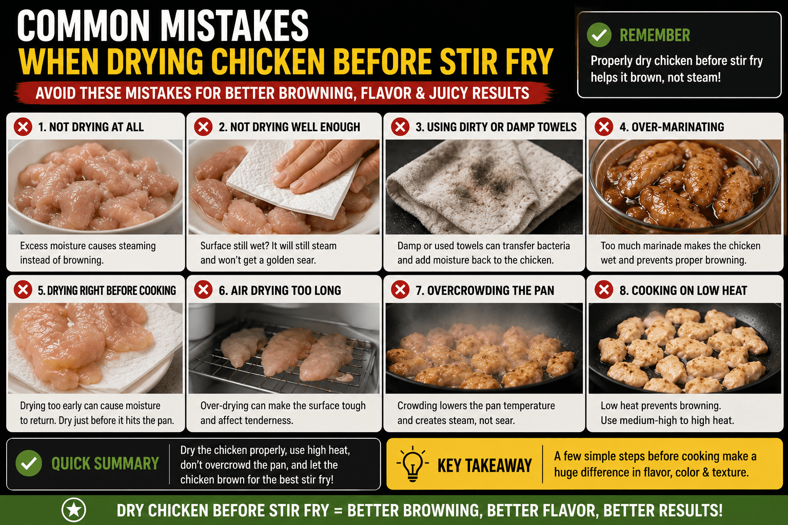 Common mistakes that reduce browning when drying chicken before stir fry