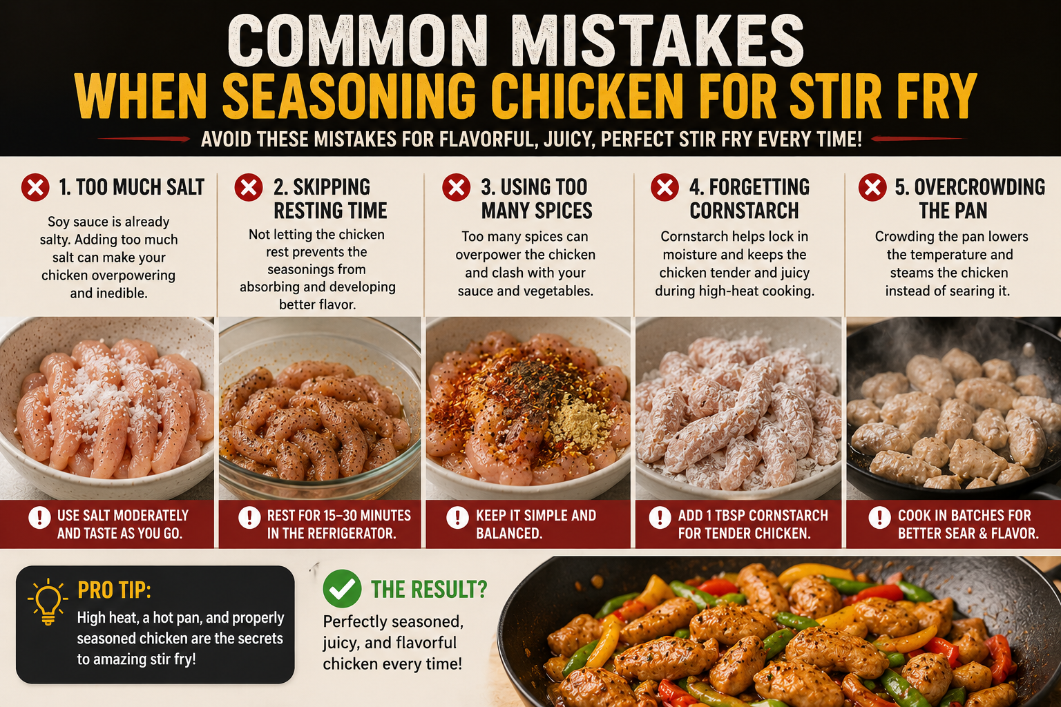 Common mistakes when seasoning chicken for stir fry including too much salt and overcrowding the pan