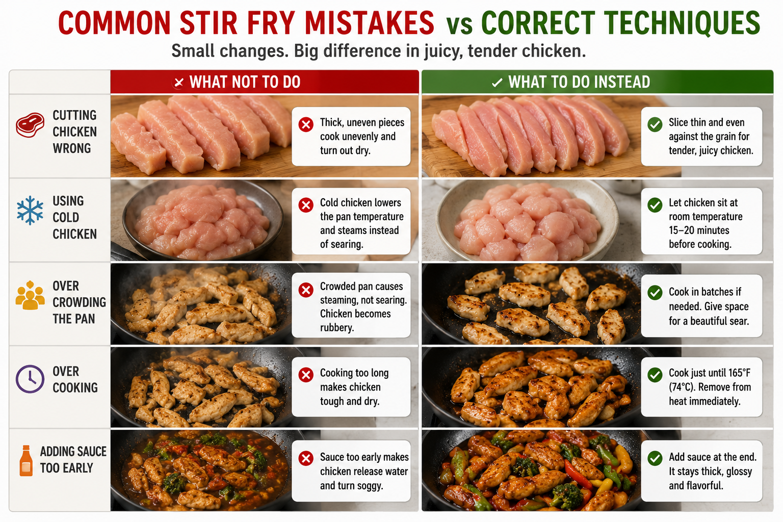 Comparison of common chicken stir fry mistakes versus correct cooking techniques