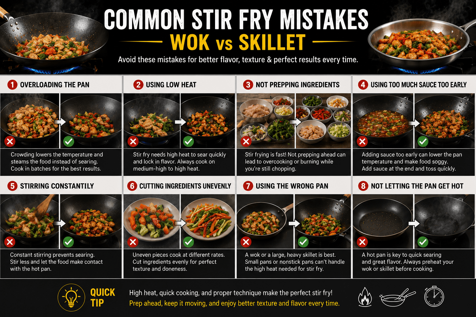Common mistakes when using a wok or skillet for quick stir fry cooking
