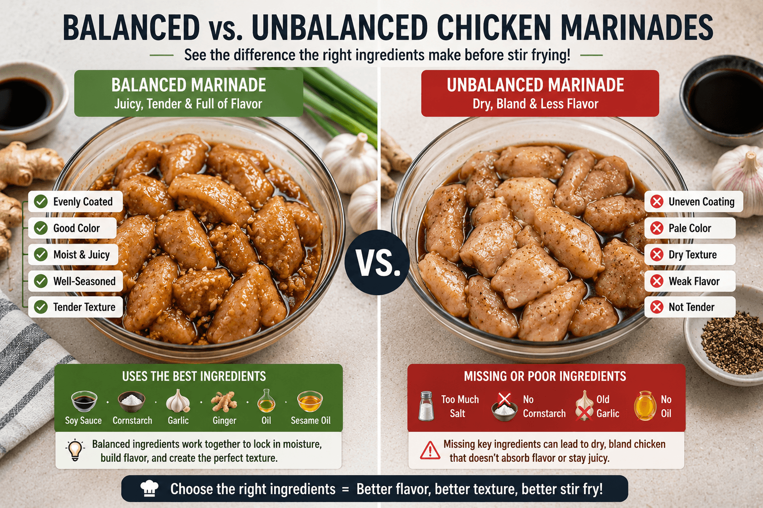Comparison of properly marinated chicken and poorly marinated chicken before stir frying
