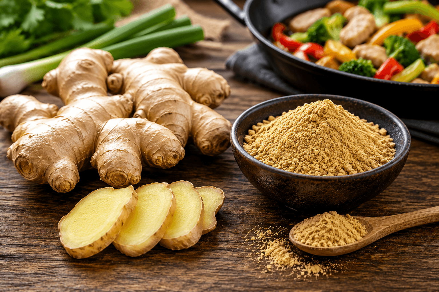 Fresh ginger root next to a bowl of ground ginger powder for stir fry comparison