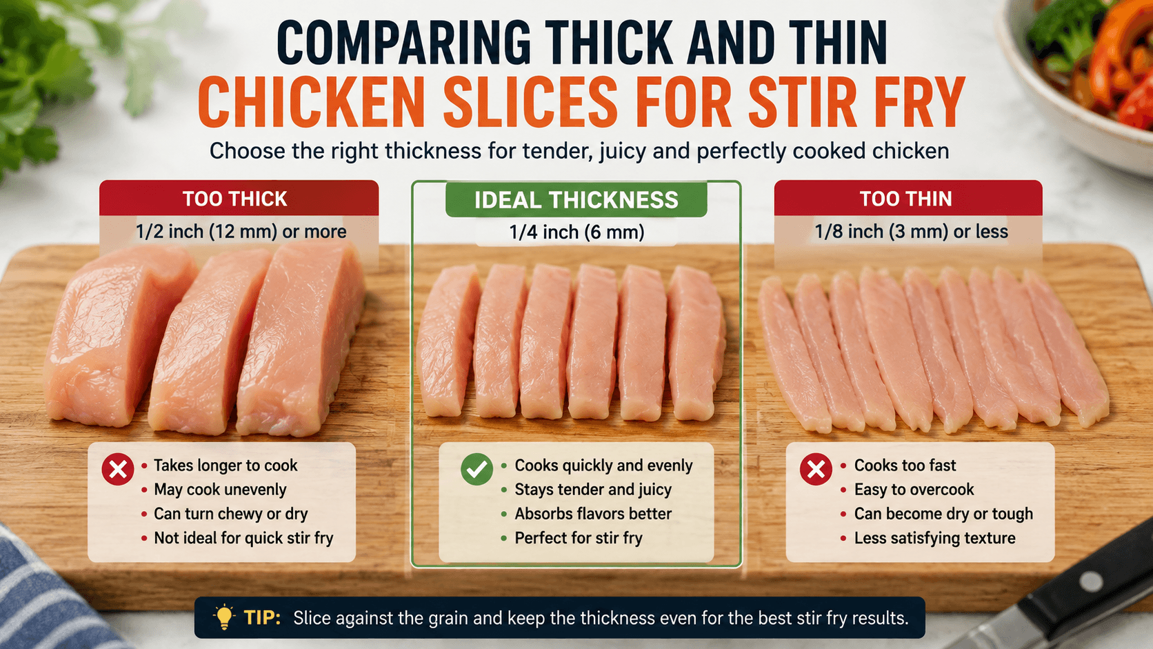 Comparison of thick and thin chicken slices showing the ideal thickness for stir fry