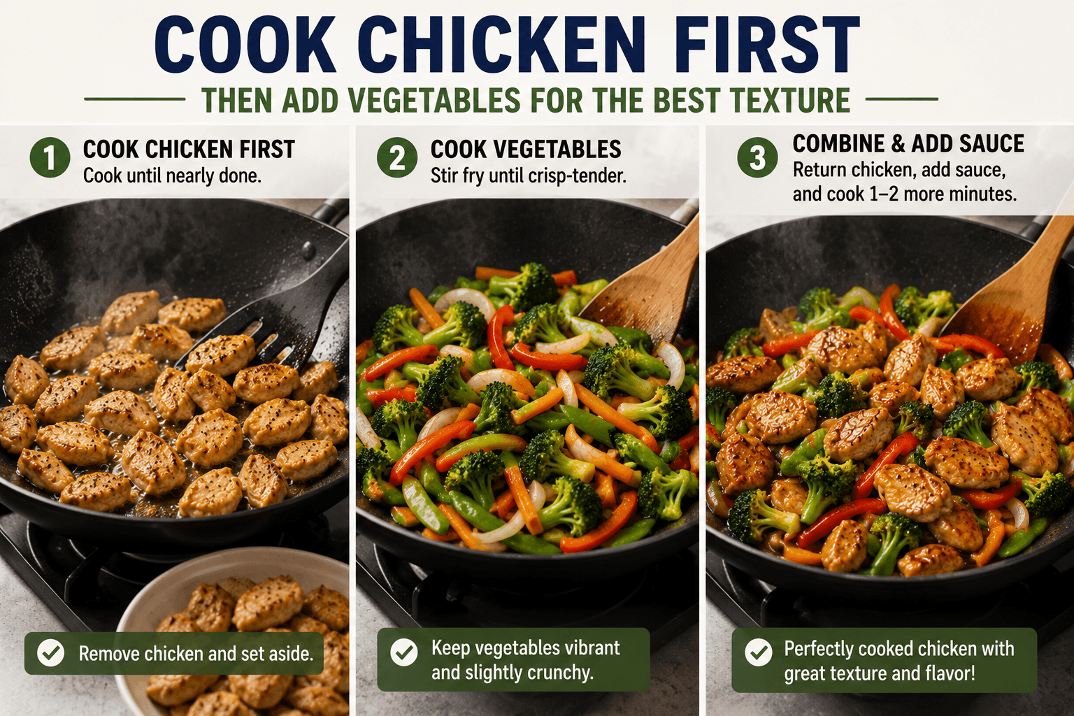 Cooking chicken first in a stir fry before adding vegetables for the best texture