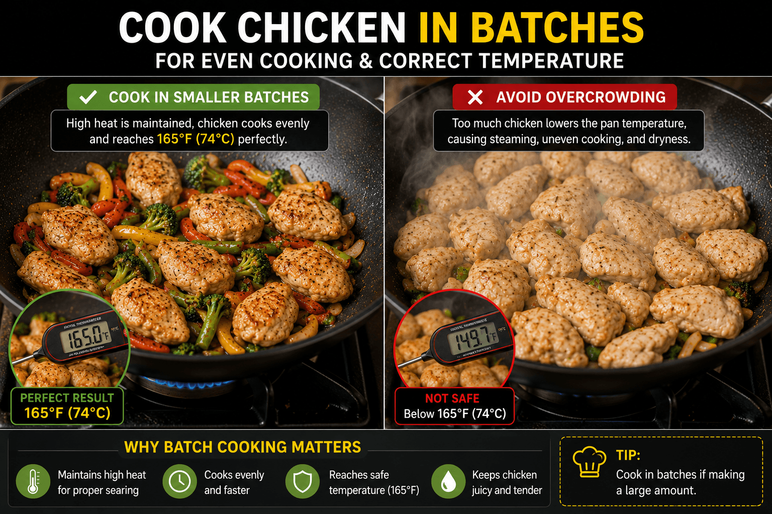 Cooking chicken in smaller batches to reach the correct chicken stir fry temperature evenly