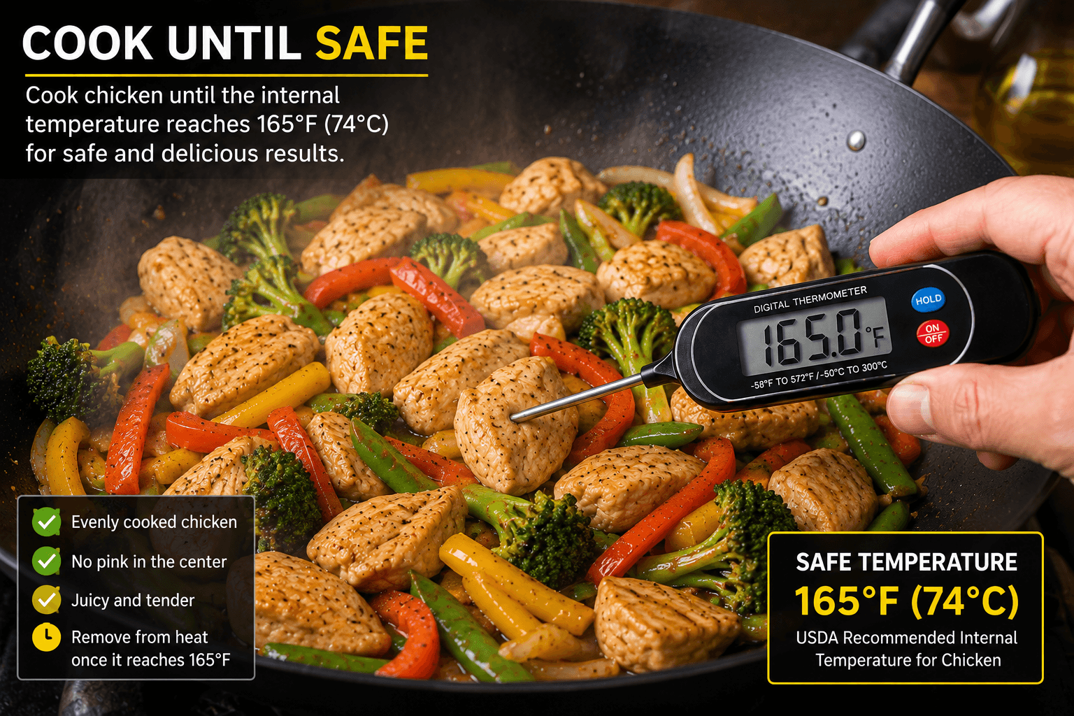 Chicken pieces cooking evenly in a hot wok until reaching the proper chicken stir fry temperature