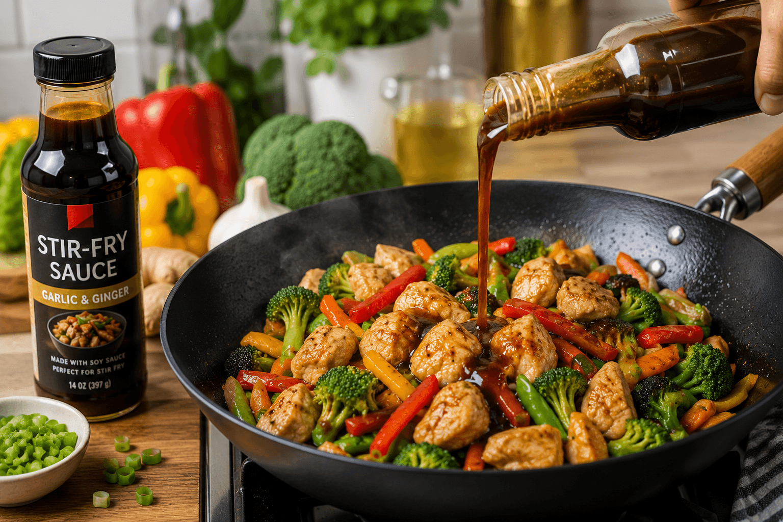 Chicken and vegetables cooking in a wok with bottled stir fry sauce